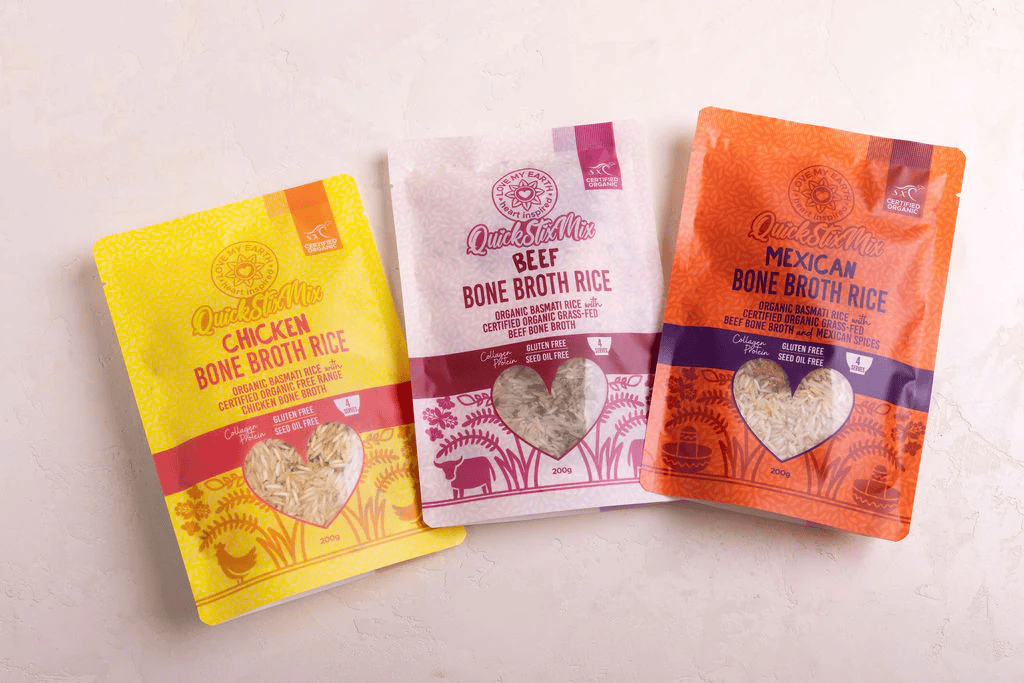 Love my earth Bone Broth Rice Starter Pack with uncooked rice and bone broth seasoning in a clear package.