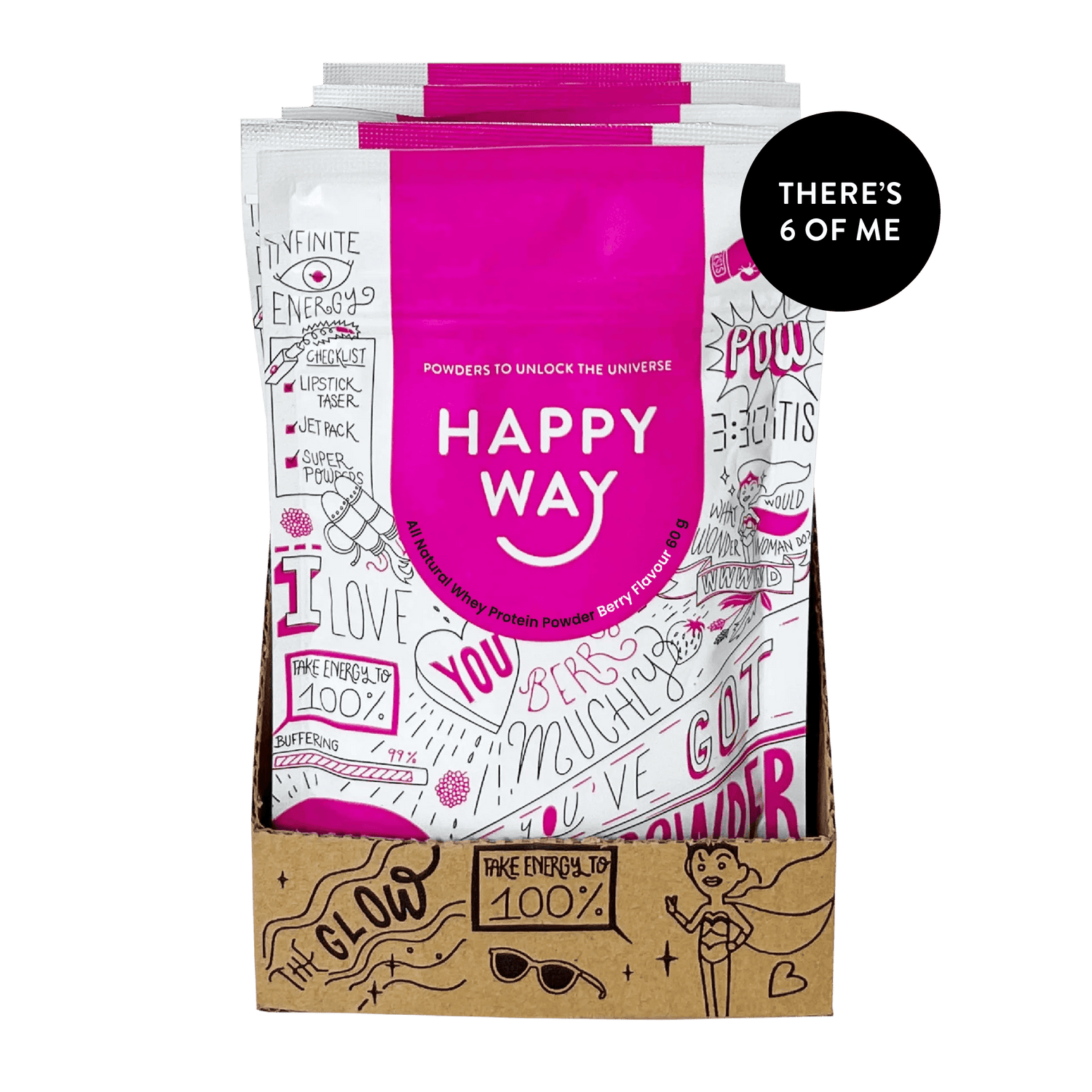 Happy Way Berry Whey Protein Powder 60g packet showing the product packaging with berry flavor label and brand logo.