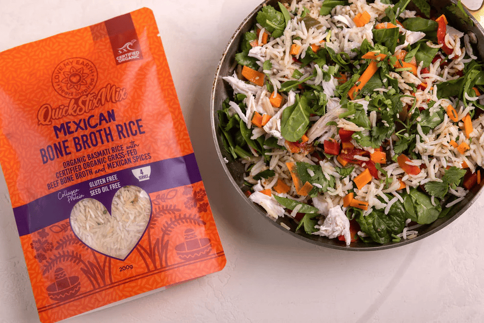 Mexican Bone Broth Rice by Love My Earth, 200g package, showing a bowl of flavorful seasoned rice with bone broth ingredients.