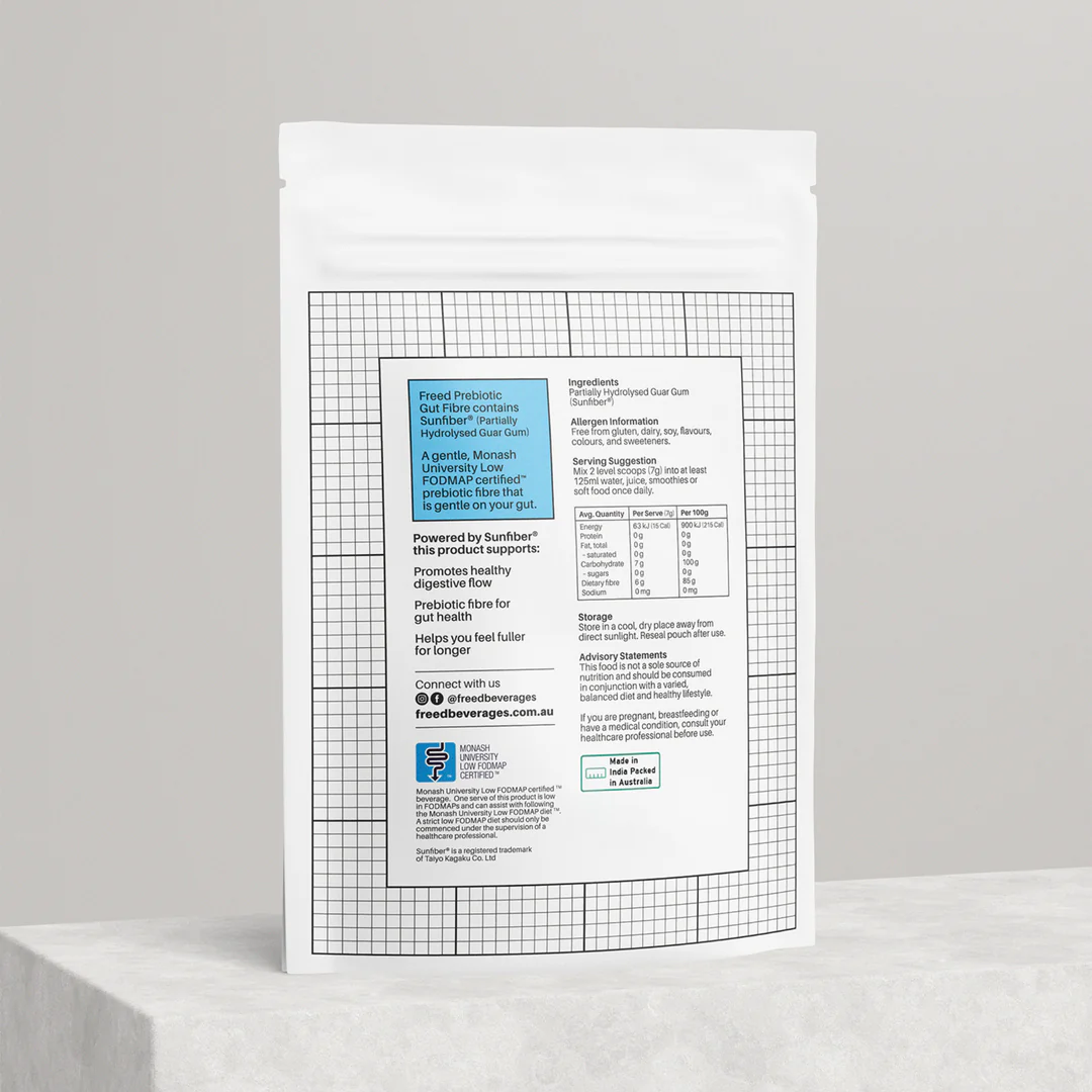 Freed Prebiotic Gut Fibre with 100% Sunfiber (PHGG), natural fiber supplement, showing the fiber powder in a clear container.