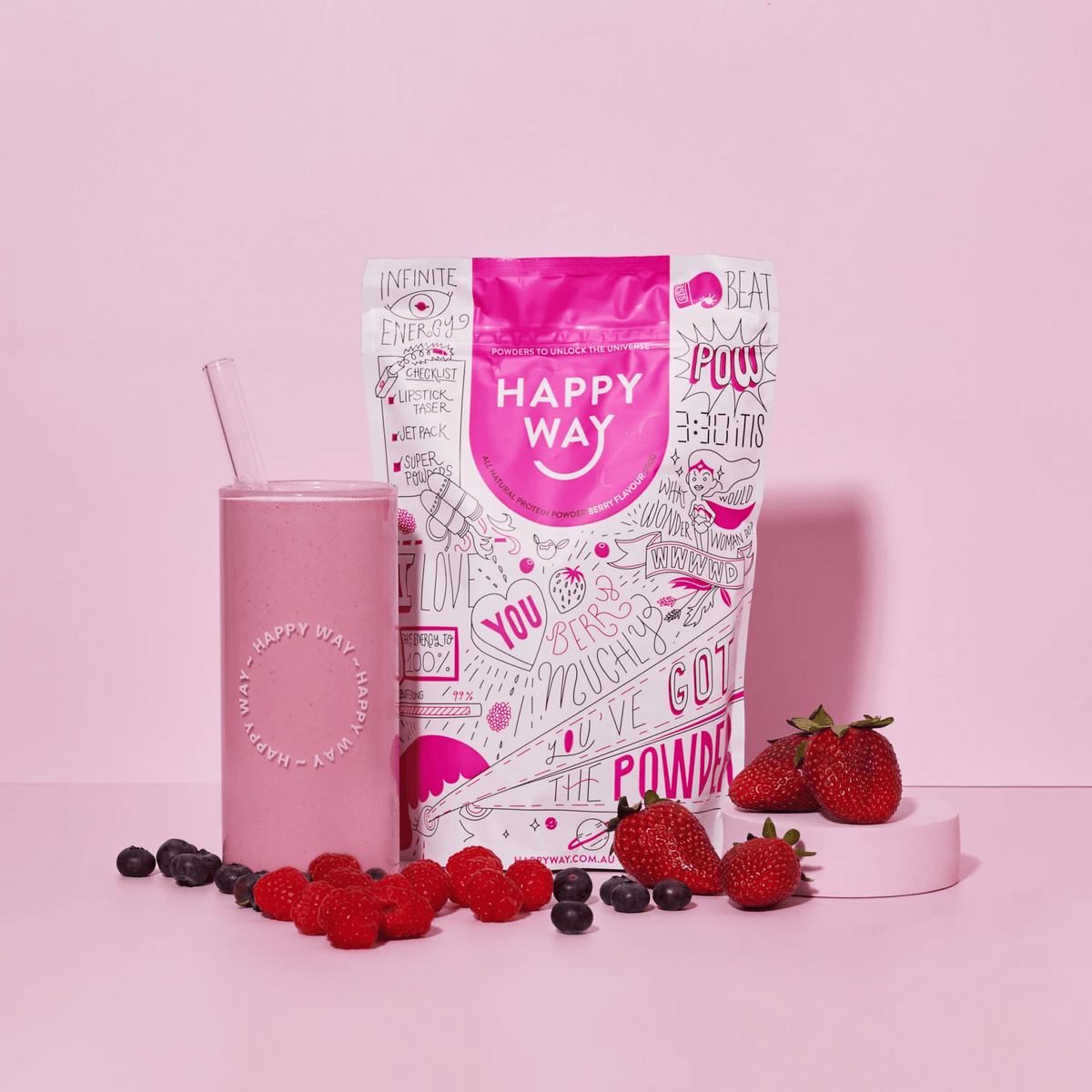 Happy Way Berry Whey Protein Powder in a 60g container, featuring a vibrant berry flavor and packaging.