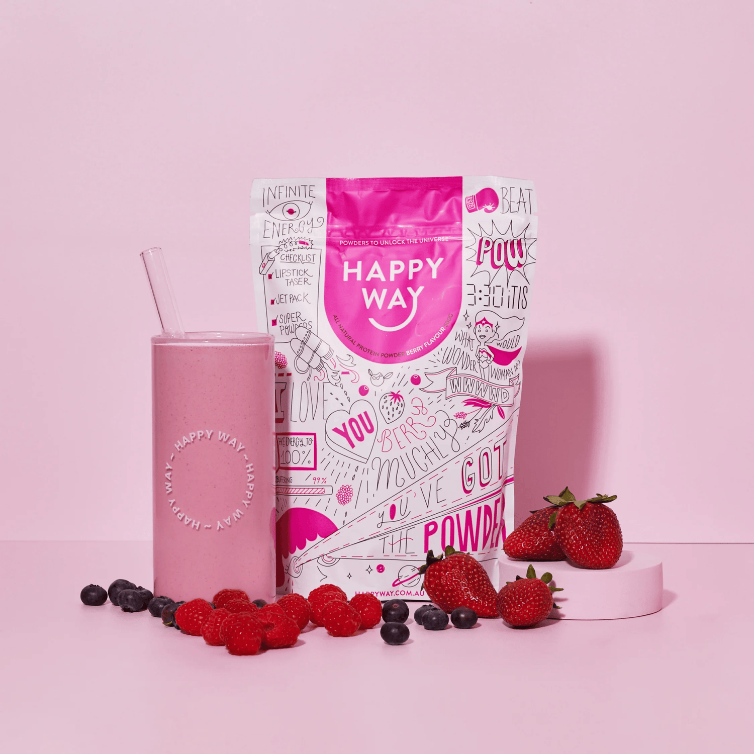 Happy Way Berry Whey Protein Powder in a 60g container, featuring a vibrant berry flavor and packaging.
