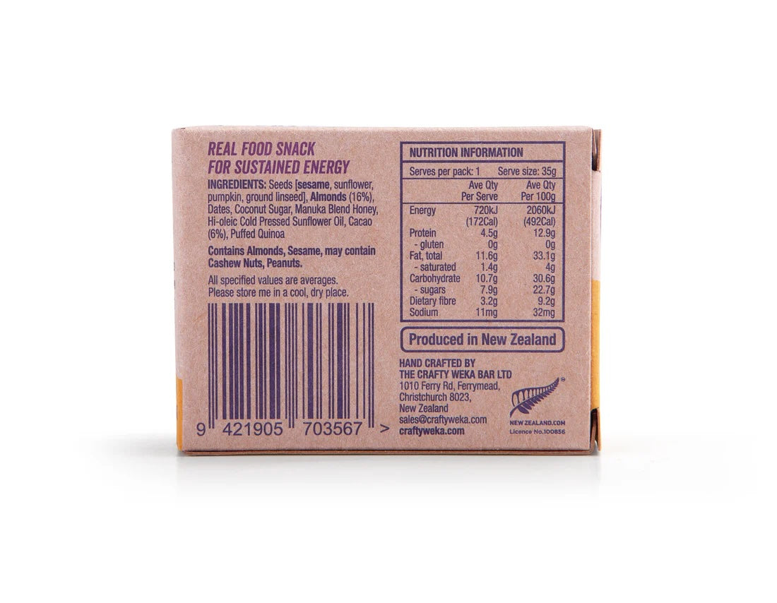 Crafty Weka gluten-free snack bars with almond and cacao flavor, displayed in a box showing the back of the packaging.