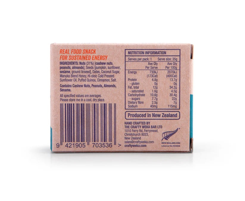 Crafty Weka Nutty Caramel snack bar, 35g, showing the bar with caramel and nutty ingredients in a box.
