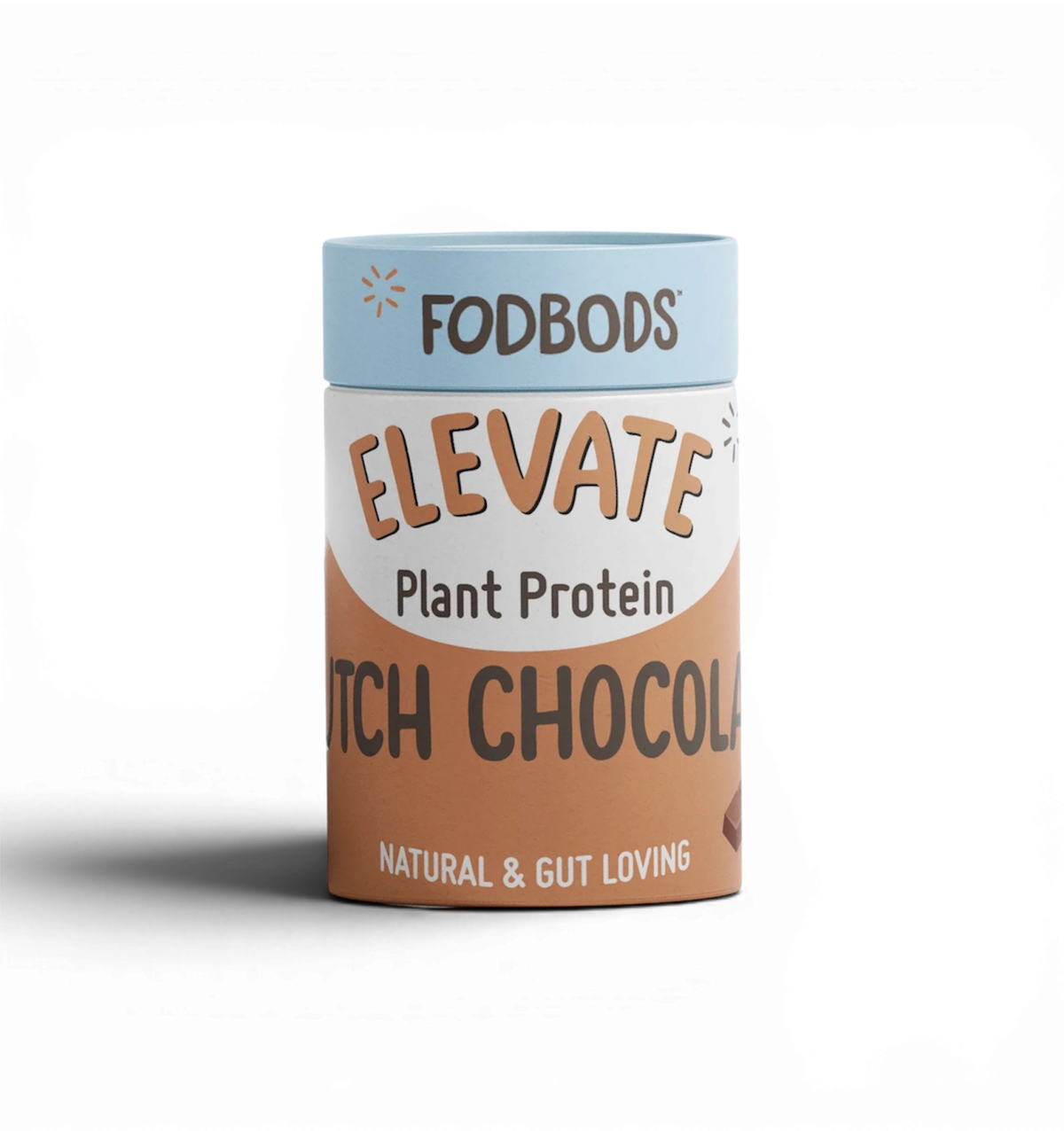 FODBODS Elevate Dutch Chocolate Plant Protein Powder 600g container with label and scoop for smoothies or shakes
