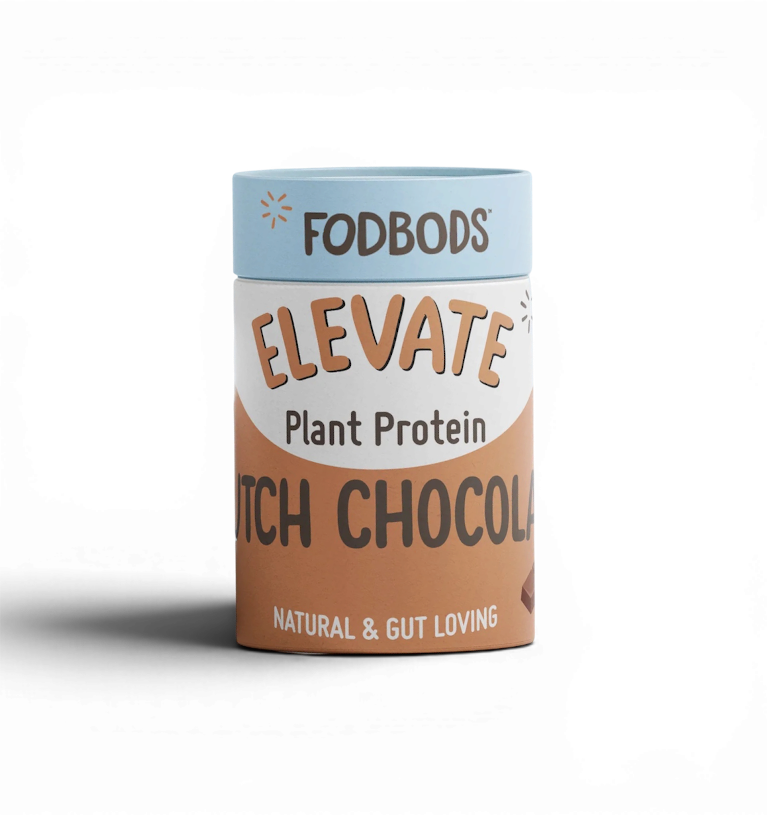 FODBODS Elevate Dutch Chocolate Plant Protein Powder 600g container with label and scoop for smoothies or shakes