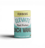 FODBODS ELEVATE Plant Protein Powder in French Vanilla flavor, 600g container with scoop and vanilla powder on the label.