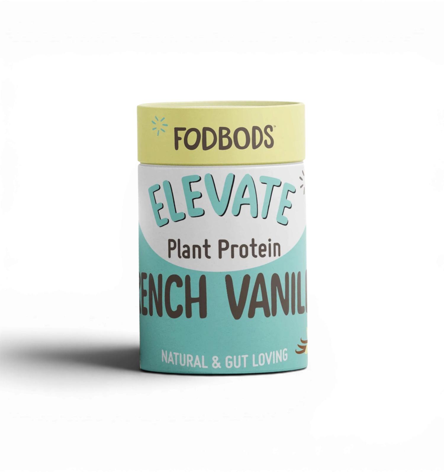 FODBODS ELEVATE Plant Protein Powder in French Vanilla flavor, 600g container with scoop and vanilla powder on the label.