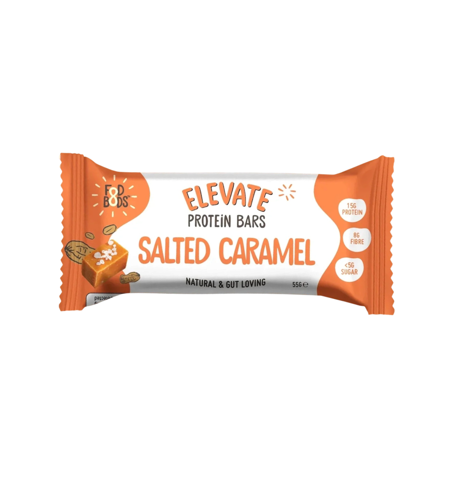 FODBODS Salted Caramel ELEVATE Protein Bar 55g, a snack bar with salted caramel flavor and protein-rich ingredients.