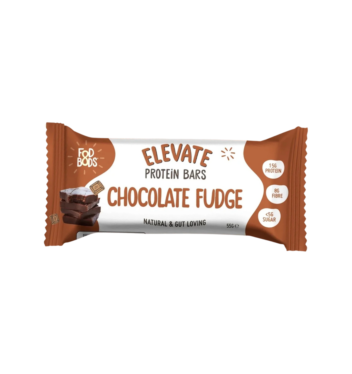 Chocolate FODBODS ELEVATE Protein Bar 55g snack bar with rich fudge flavor and protein-rich ingredients.