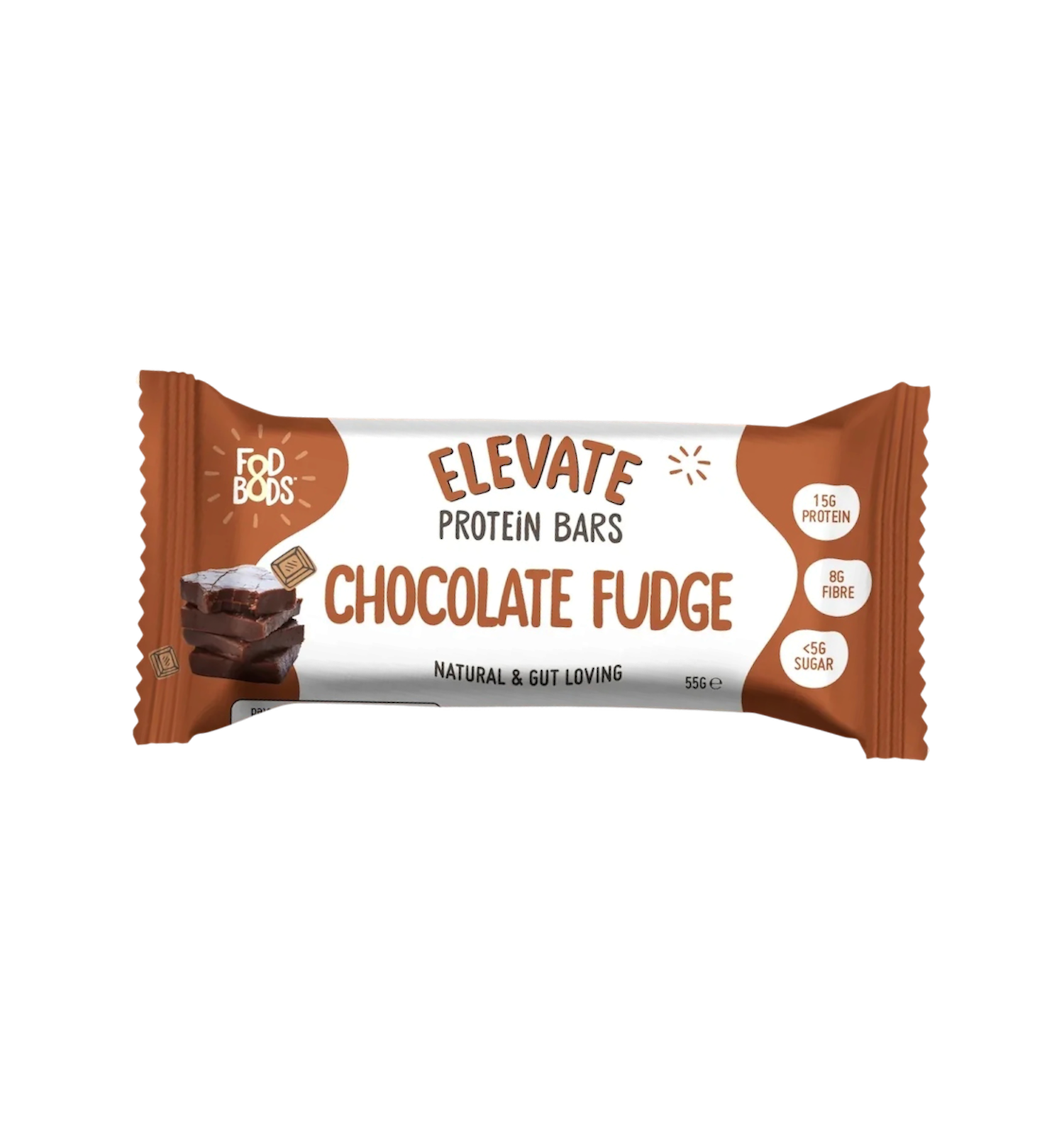 Chocolate FODBODS ELEVATE Protein Bar 55g snack bar with rich fudge flavor and protein-rich ingredients.