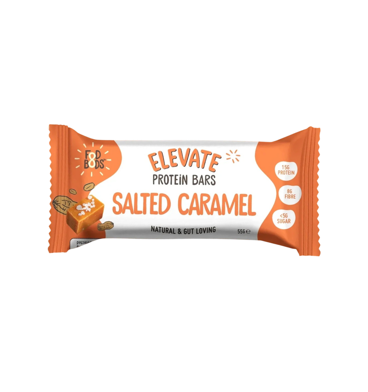 Salted caramel FODBODS ELEVATE protein snack bar, 55g, featuring creamy caramel and protein-rich ingredients.