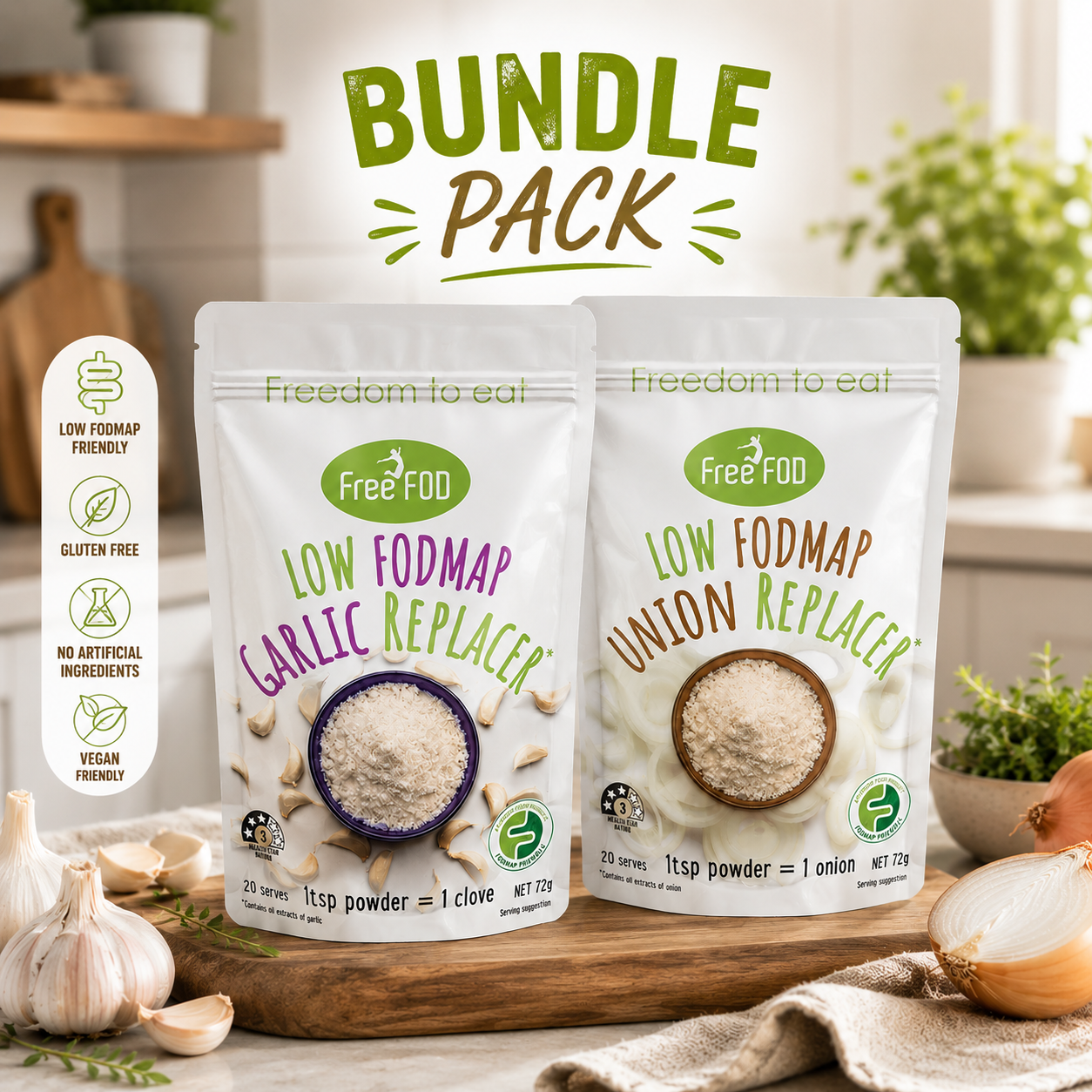 Low FODMAP garlic and onion replacers bundle by FREEFOD, featuring onion replacer product and packaging on a white background.