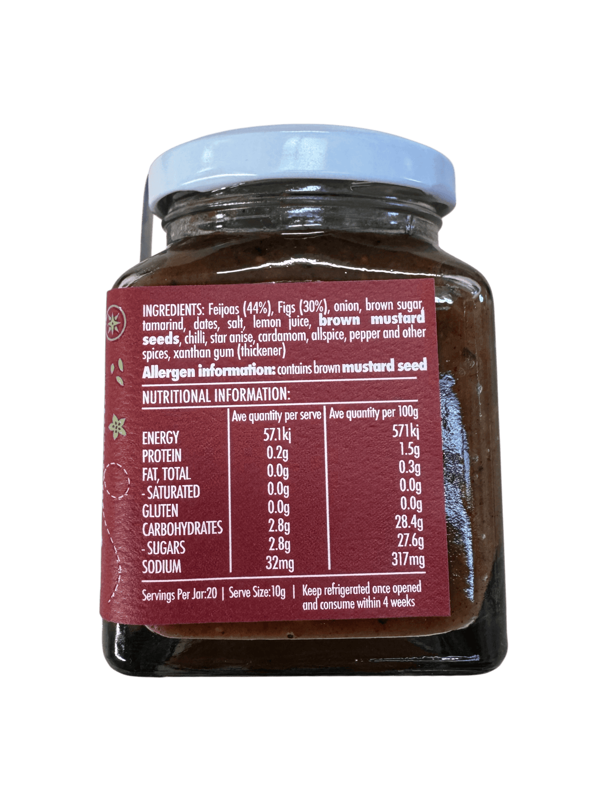 Nelson Naturally Fig and Feijoa chutney jar with label, showcasing the flavorful condiment from the NELSON NATURALLY brand.