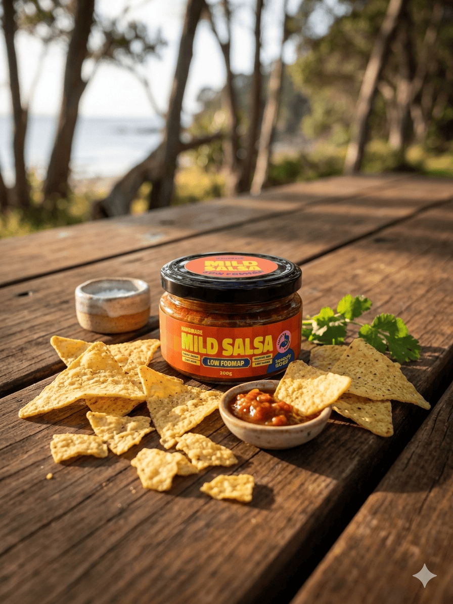 Honestly Good Low-FODMAP Mild Salsa dip in 200g container, fresh and flavorful with ripe tomatoes and herbs.