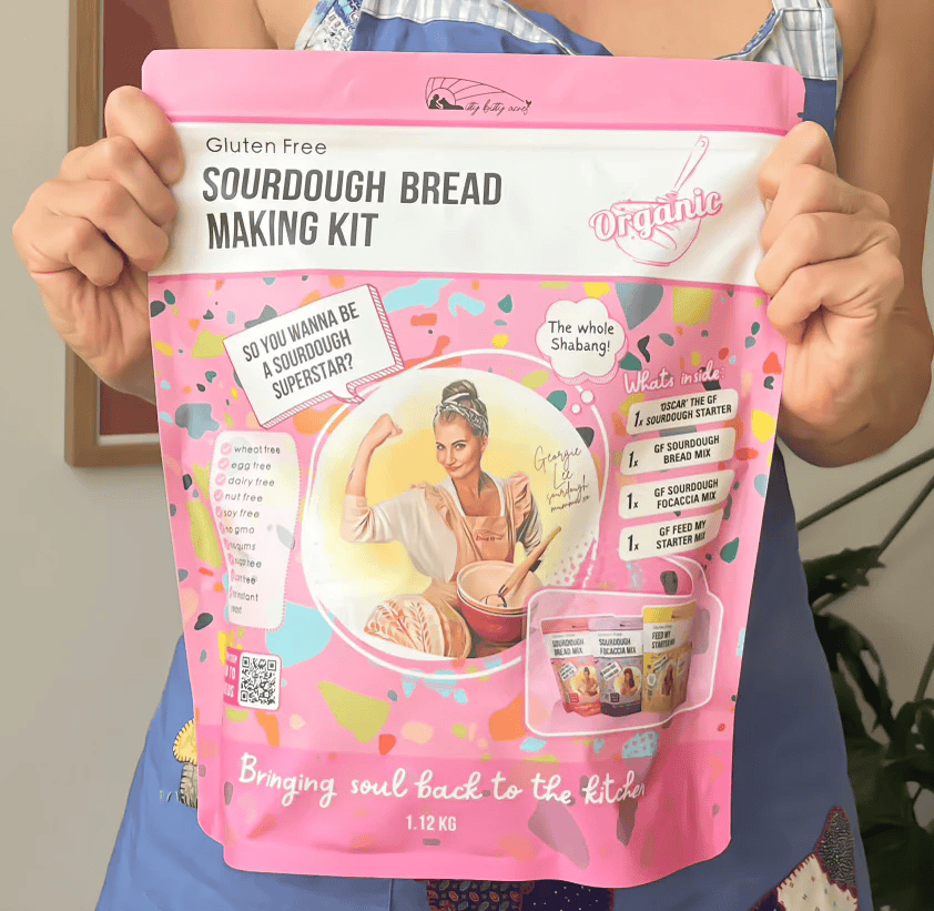 Sourdough Mumma gluten-free sourdough bread making kit, 1.1kg, with baking tools and ingredients for homemade sourdough bread.