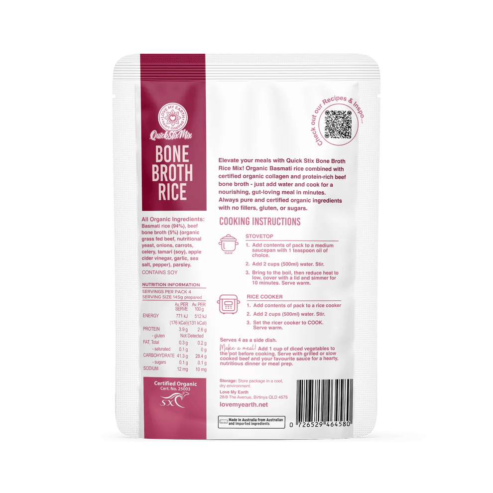 Back view of 200g Love My Earth Bone Broth Rice with beef flavor, featuring rice grains and packaging details.