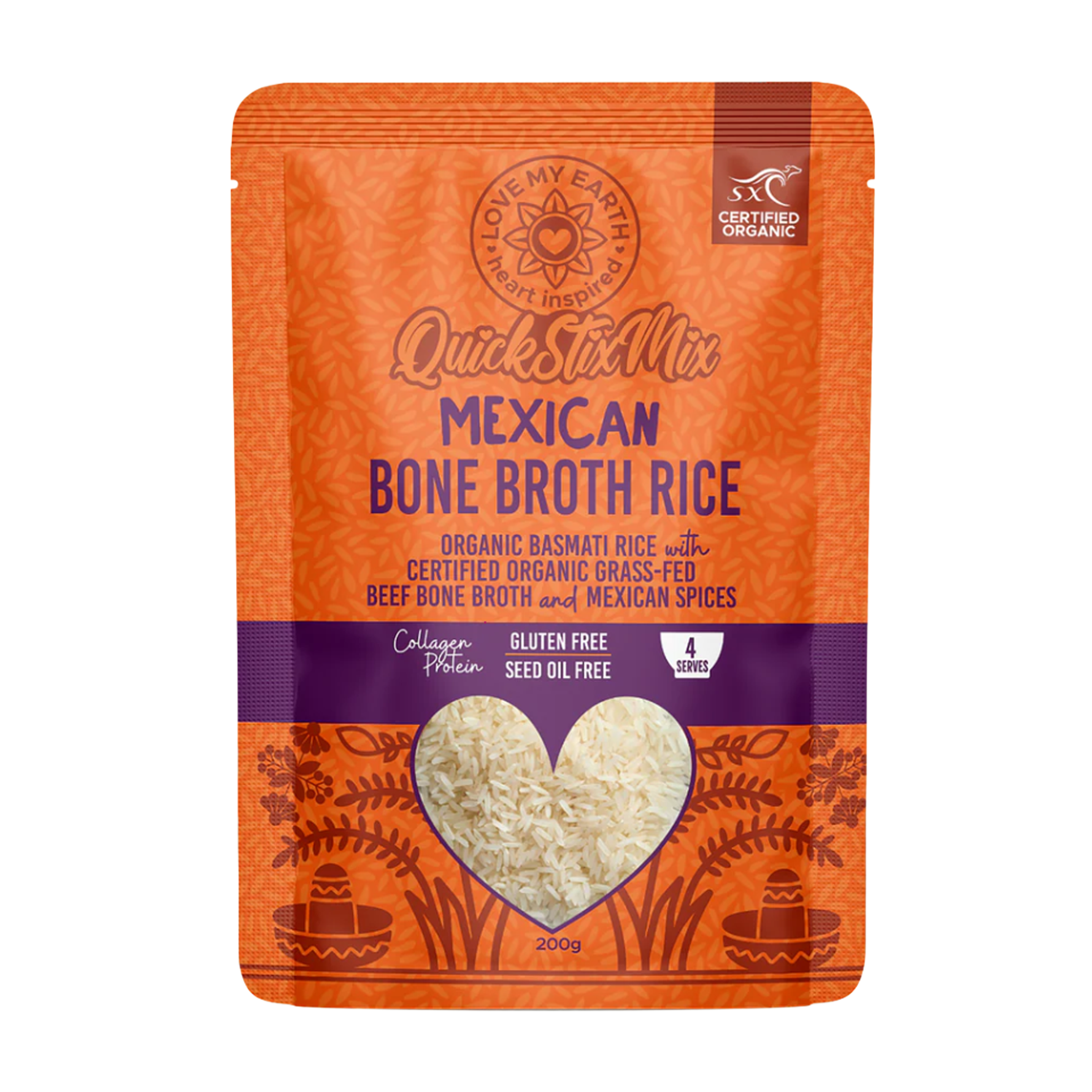 Mexican Bone Broth Rice by Love My Earth in a 200g package, showing a bowl of seasoned rice with herbs and spices.