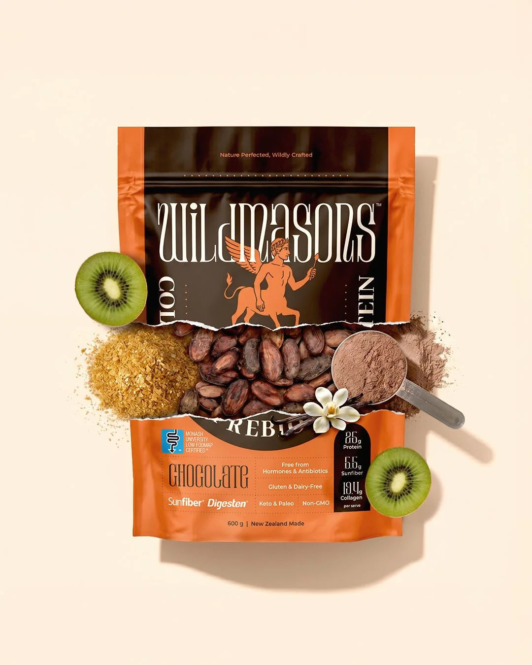Wild Masons Collagen Prebiotic Plant Protein in chocolate flavor, 600g, showing the protein powder scoop and packaging.