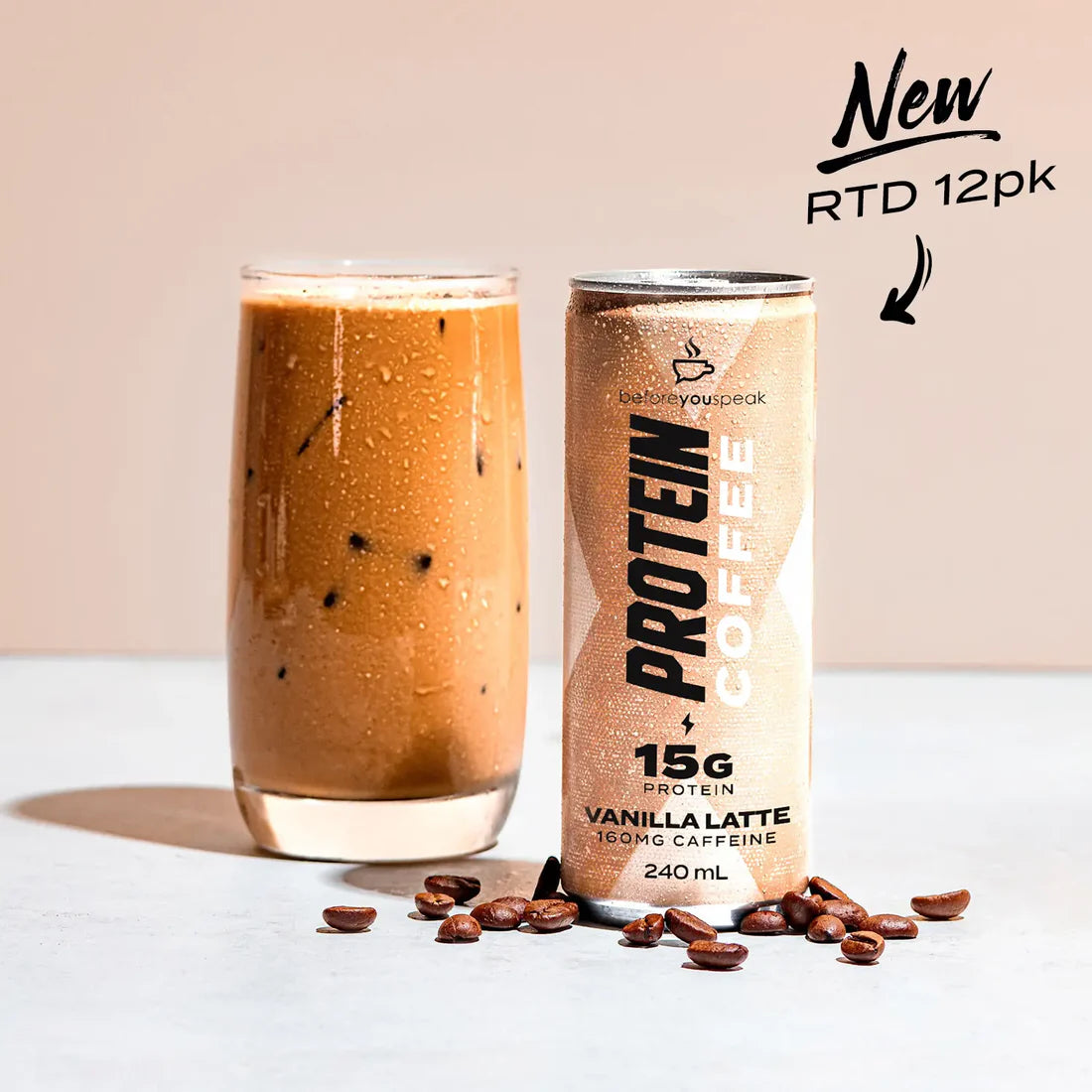 Cans of BEFORE YOU SPEAK Vanilla Protein Latte in a 12-pack, featuring the coffee beverage with vanilla flavor on the packaging