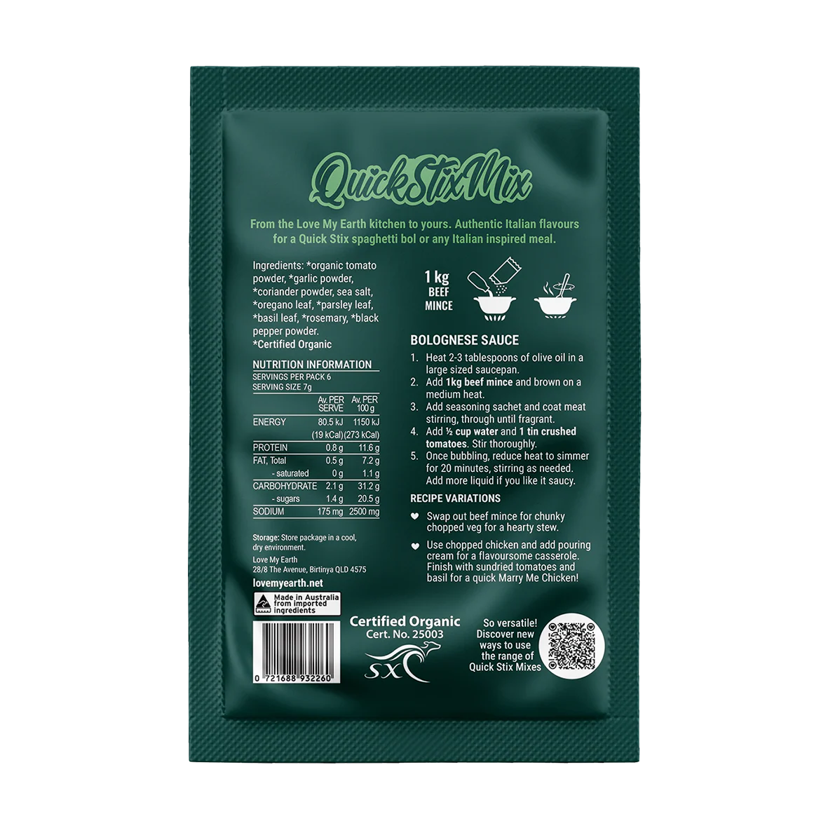 Bolognese Quick Stix Mix 45g - organic recipe base & seasoning