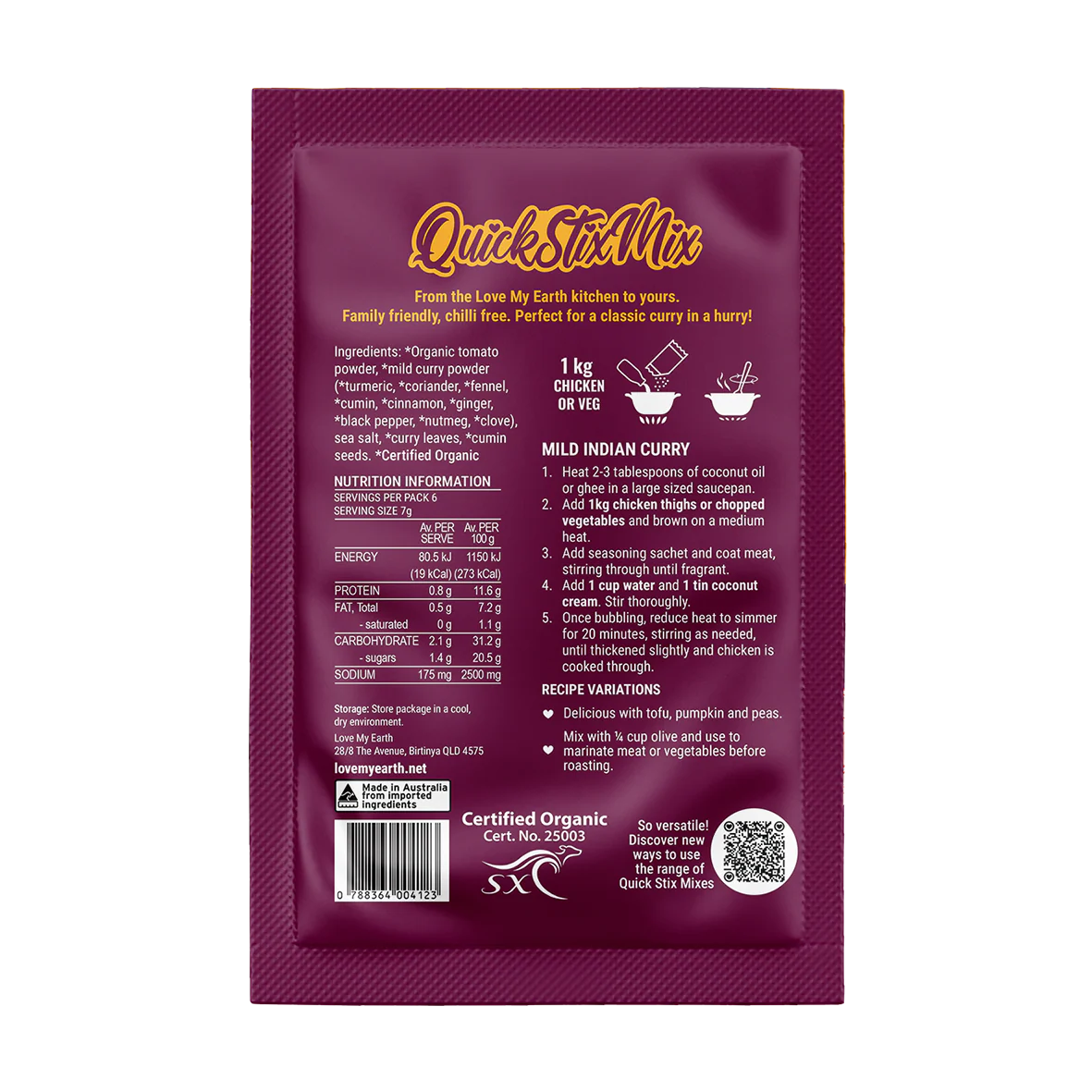 Mild Indian Curry Quick Stix Mix 45g - organic recipe base & seasoning