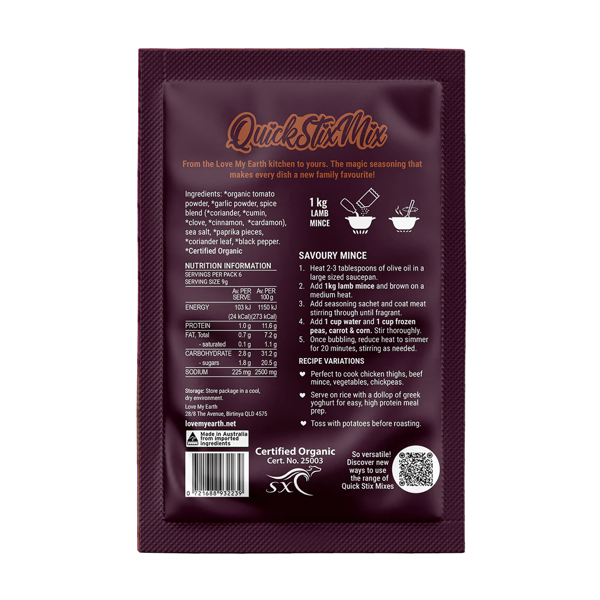 Savoury Mince Quick Stix Mix 55g - organic recipe base & seasoning