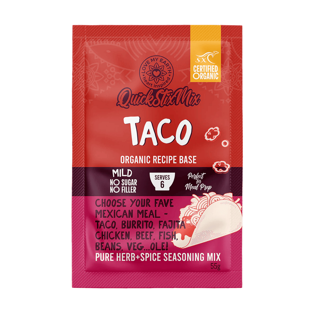 Organic Taco Quick Stix Mix by Love My Earth in a 55g package, featuring seasoning base and spice blend for tacos.