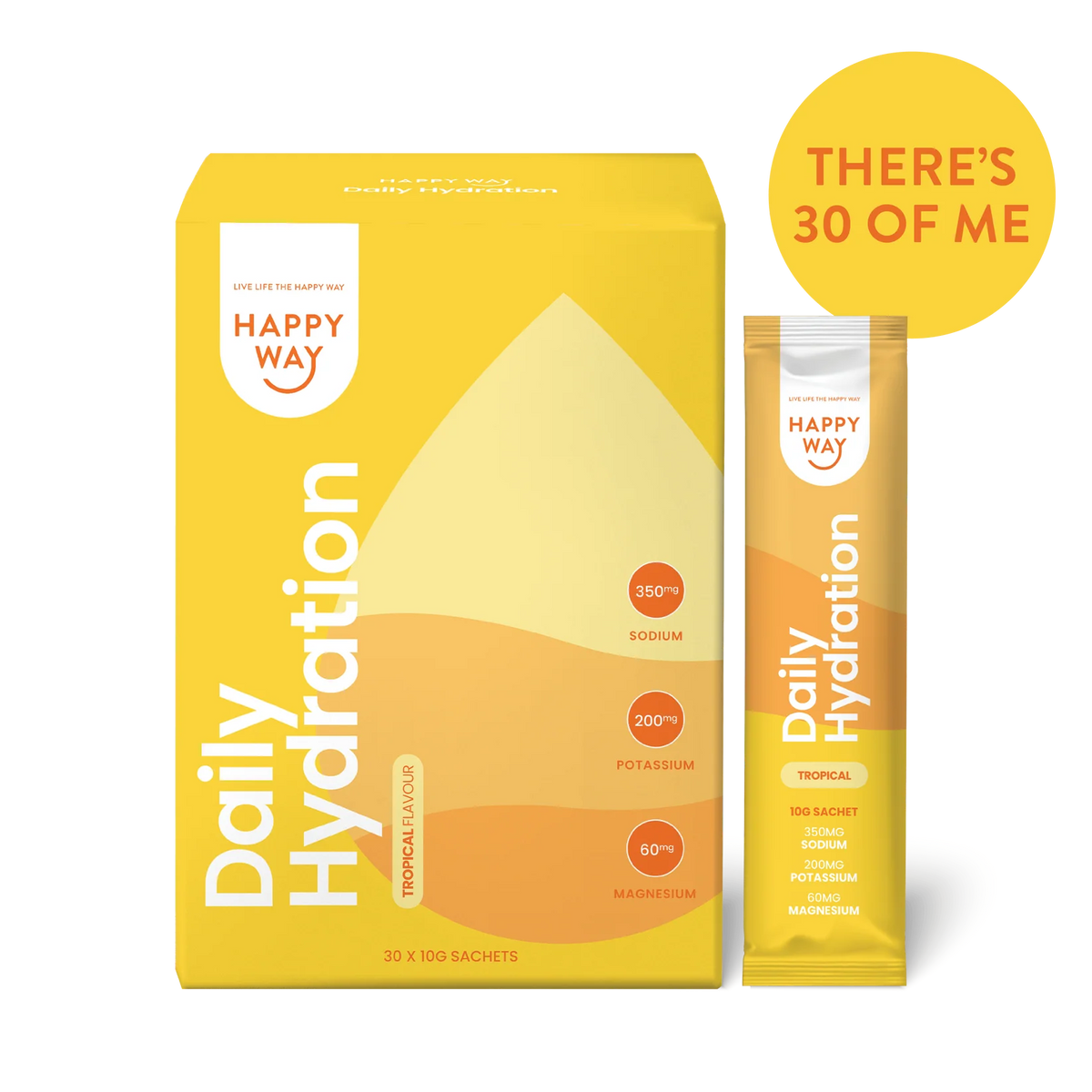 Box of 30 Happy Way Tropical Daily Hydration Sachets for sports and energy drinks, featuring colorful tropical fruit design.