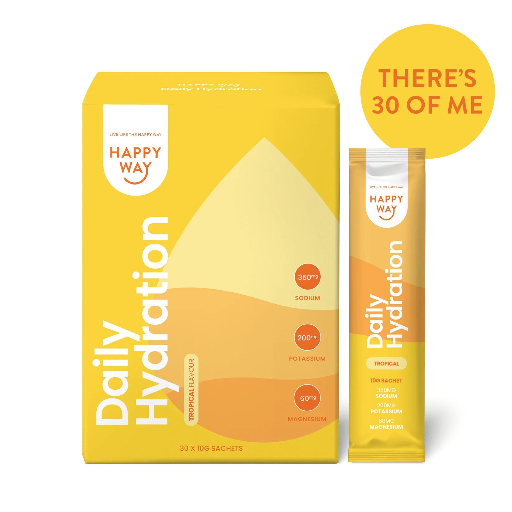 Box of 30 Happy Way Tropical Daily Hydration Sachets for sports and energy drinks, featuring colorful tropical fruit design.