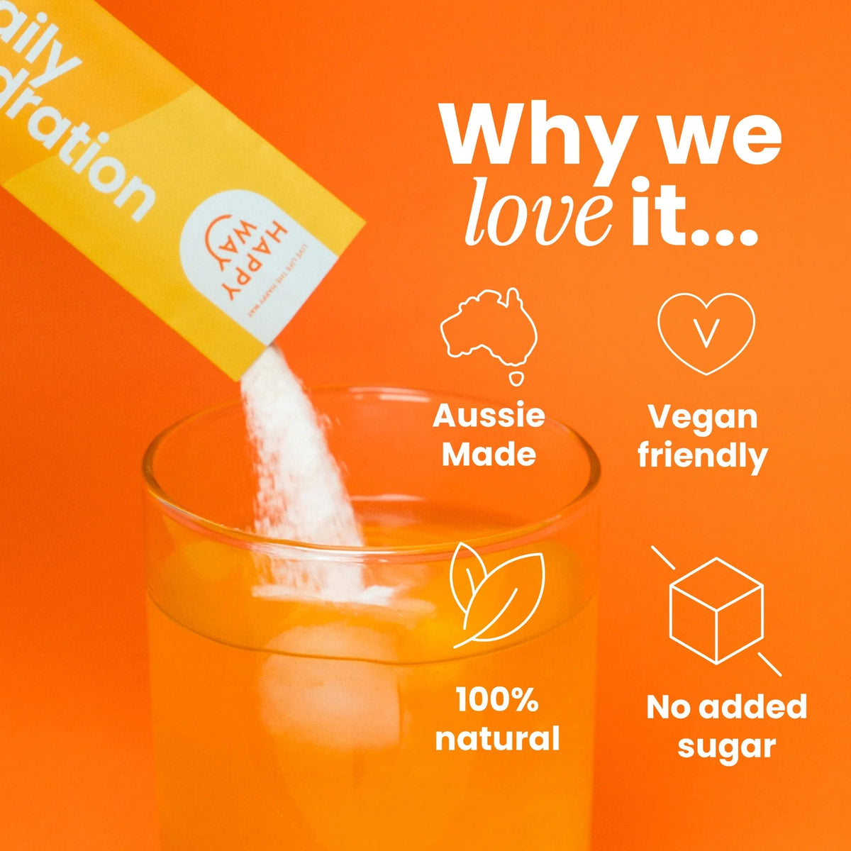 Box of Tropical Daily Hydration Sachets by Happy Way, 30 single-serving sports and energy drink powder sachets for hydration.