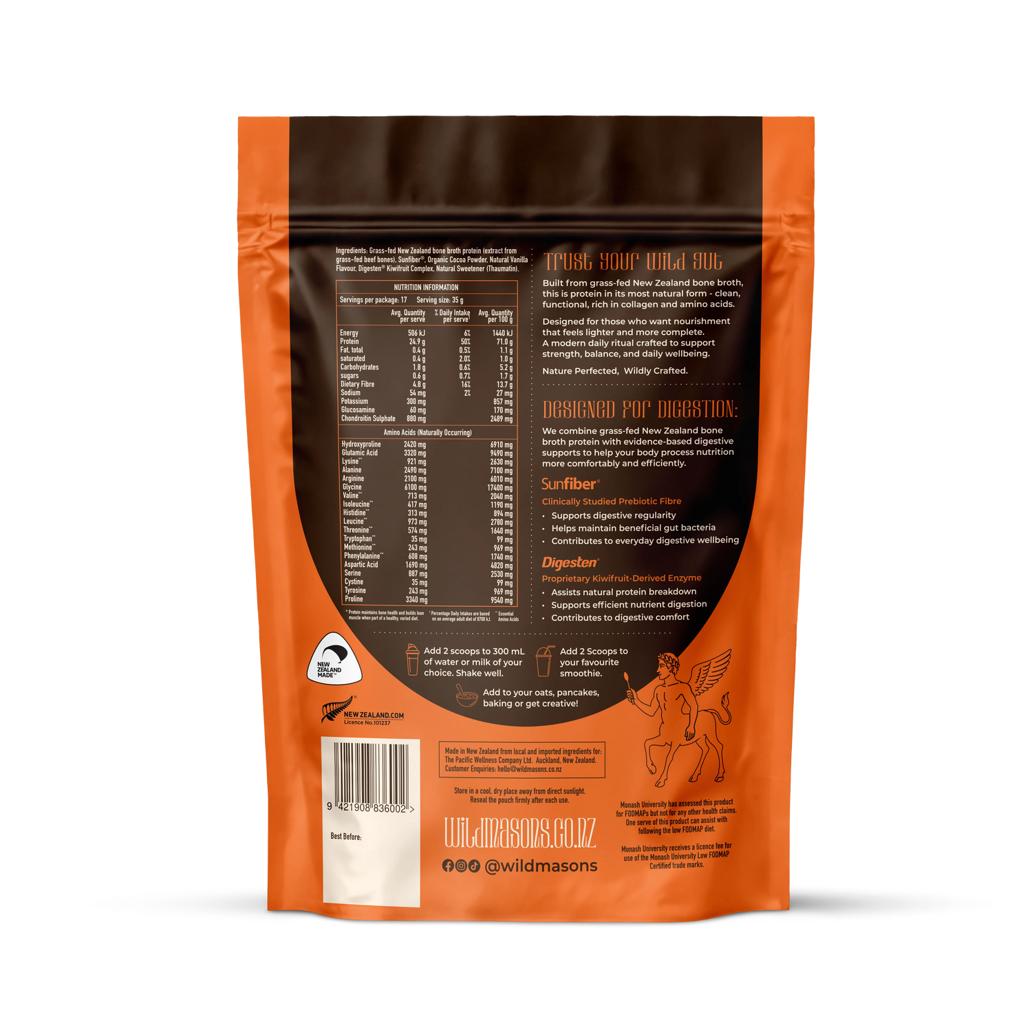 Wild Masons Collagen Prebiotic Plant Protein in chocolate flavor, 600g jar, showing the label and product packaging.