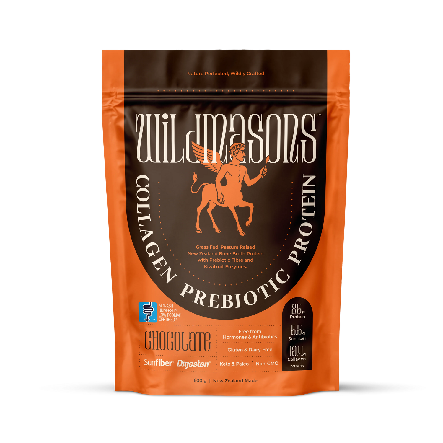 Wild Masons Collagen Prebiotic Plant Protein in chocolate flavor, 600g jar with scoop, featuring a natural, healthy supplement.