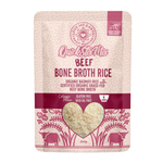 Cooked beef bone broth rice in a bowl, served with herbs, from Love My Earth, 200g beef-flavored rice product.