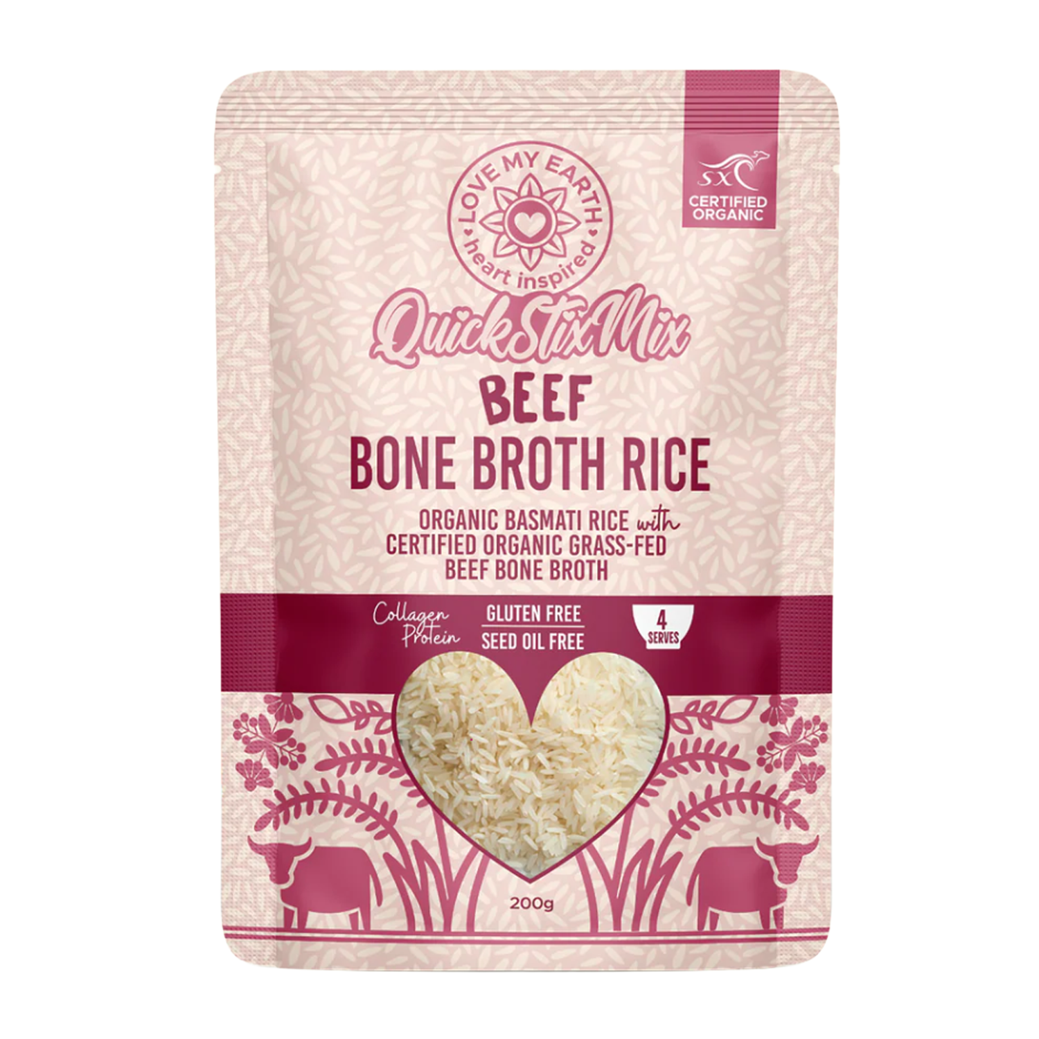 Cooked beef bone broth rice in a bowl, served with herbs, from Love My Earth, 200g beef-flavored rice product.